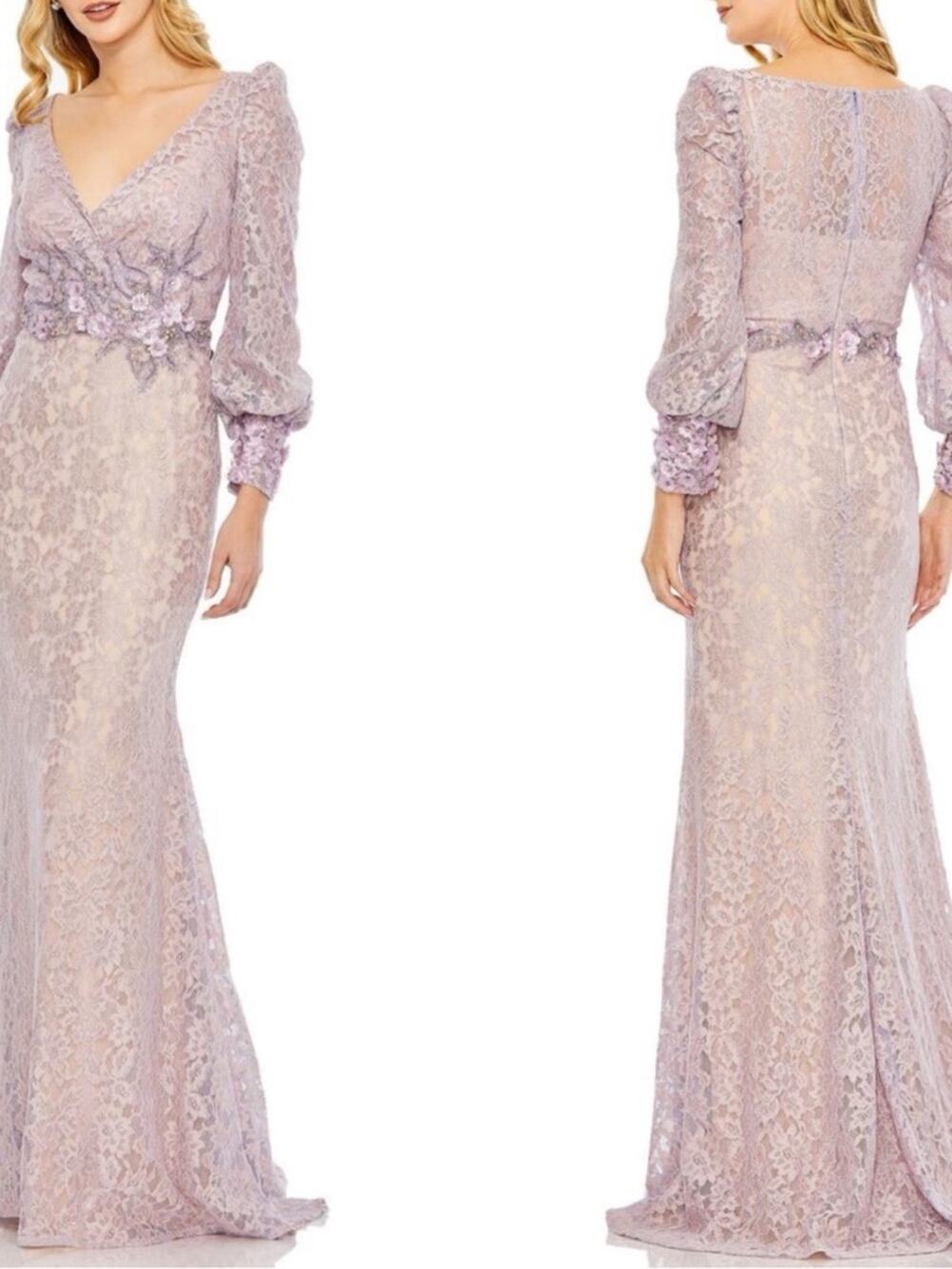 MAC DUGGAL Bead Embellished Floral Long Sleeve Purple 79397 Maxi Dress Size 4